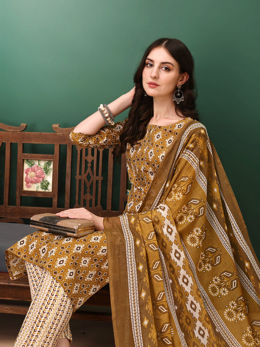 Ethnic Motifs Printed Kurta With Pant & Dupatta, Mustard - Hiral Fashion
