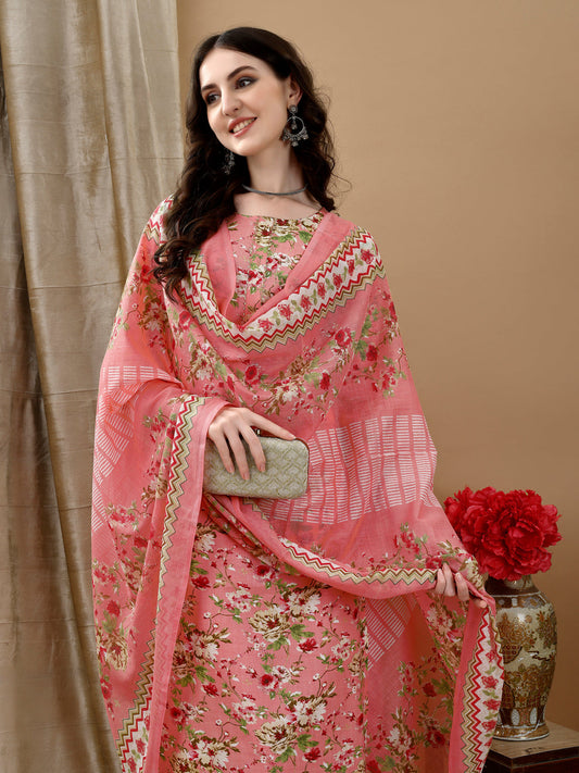 Floral Printed Kurta With Pant & Dupatta, Peach - Hiral Fashion