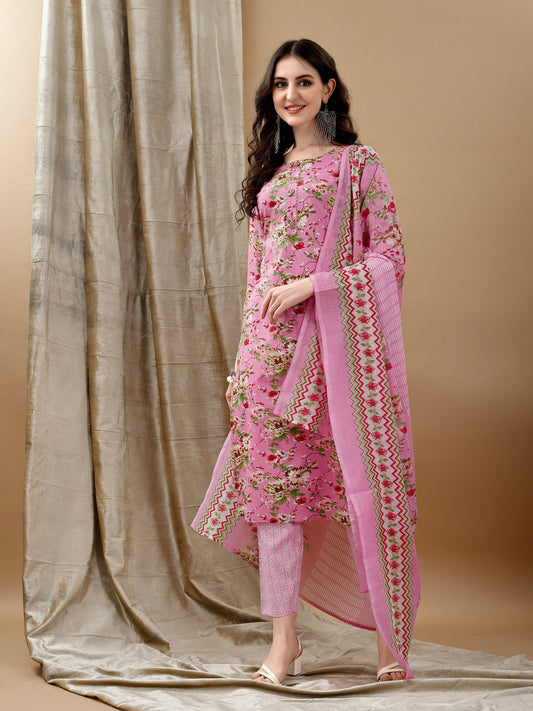 Floral Printed Kurta With Pant & Dupatta, Pink - Hiral Fashion