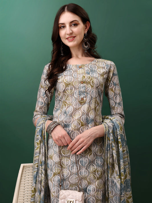 Floral Printed Kurta With Pant & Dupatta, Blue - Hiral Fashion
