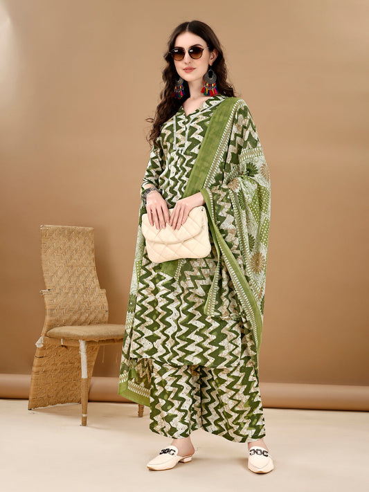 Chevron Printed Kurta With Palazzo Pant & Dupatta, Green - Hiral Fashion