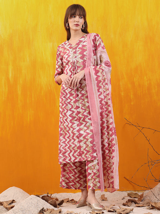 Chevron Printed Kurta With Palazzo Pant & Dupatta, Pink - Hiral Fashion