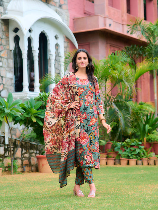 Printed Kurta With Pant & Printed Dupatta, Green - Hiral Fashion