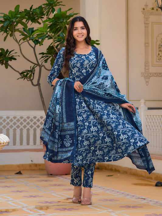 Floral Printed Flared Kurta With Pant & Dupatta, Blue - Hiral Fashion