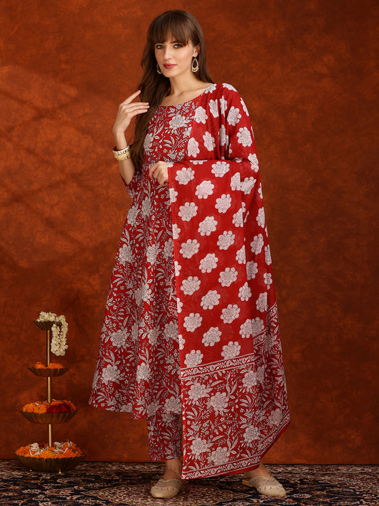 Floral Printed Flared Kurta With Pant & Dupatta, Maroon - Hiral Fashion