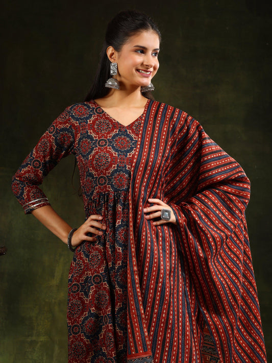 Printed Flared Anarkali Kurta With Pant & Dupatta, Rust - Hiral Fashion