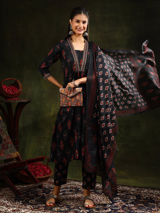 Ethnic Motifs Printed Aline Kurta With Pant & Dupatta, Black - Hiral Fashion