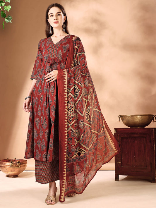 Flared Ethnic Motifs Printed Kurta With Palazzo Pant & Dupatta, Rust - Hiral Fashion