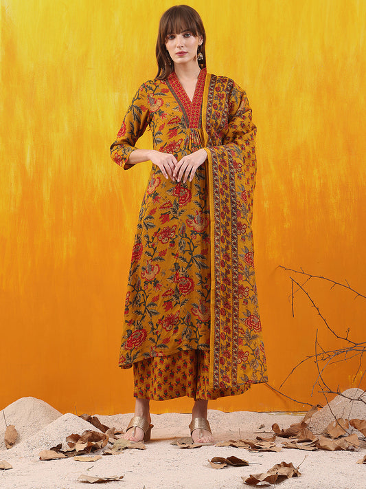 Floral Printed A-Line Flared Kurta With Palazzo & Dupatta, Mustard - Hiral Fashion