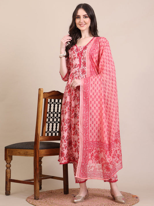 Floral Printed Flared Anarkali Kurta With Pant & Dupatta, Pink - Hiral Fashion