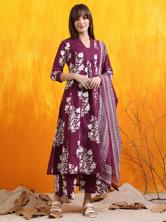 Embroidered & Printed Flared Kurta With Pant & Dupatta, Purple - Hiral Fashion