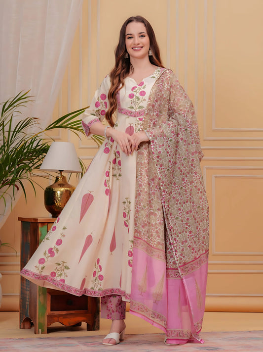 Ethnic Motifs Printed Anarkali Kurta With Pant & Dupatta, Pink - Hiral Fashion