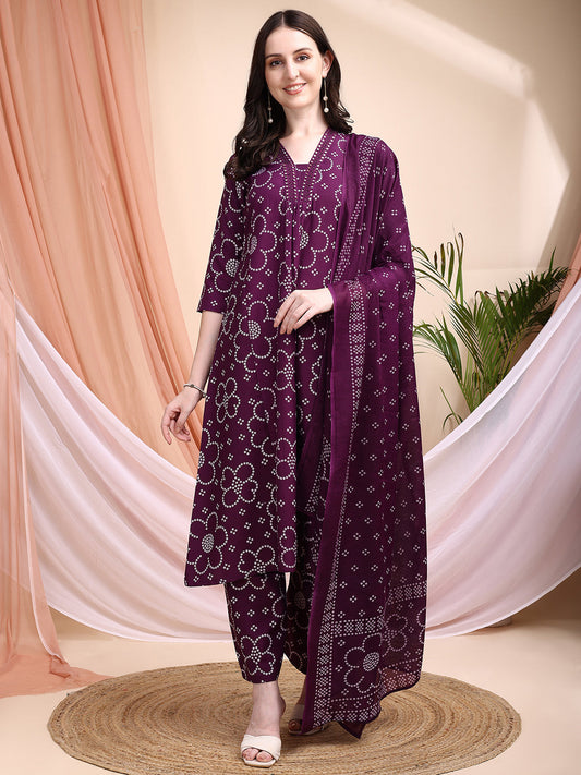 Embroidered & Bandhni A-Line Printed Kurta With Pant & Coordinated Dupatta, Purple - Hiral Fashion