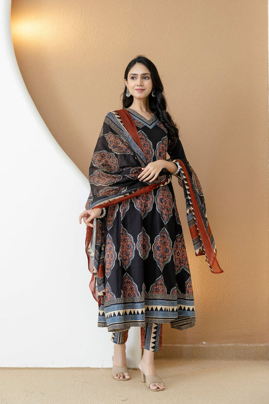 Ethnic Motif Printed Anarkali Kurta Set With Matching Pants & Dupatta, Black - Hiral Fashion