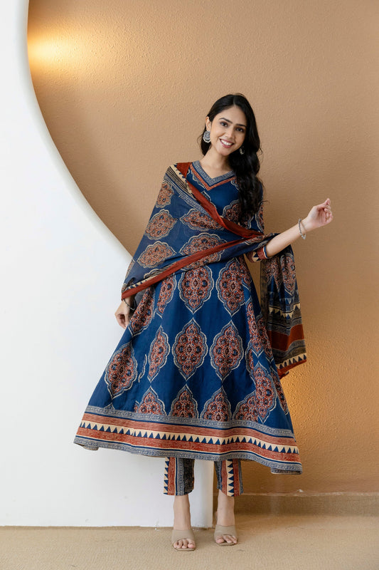 Ethnic Motif Printed Anarkali Kurta Set With Matching Pants & Dupatta, Blue - Hiral Fashion