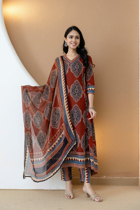Ethnic Motif Printed Anarkali Kurta Set With Matching Pants & Dupatta, Rust - Hiral Fashion