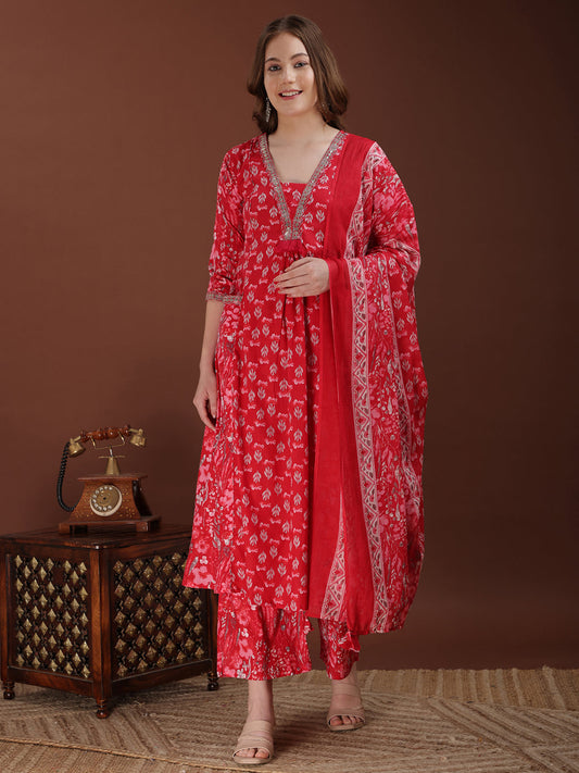 Embroidered & Floral Printed Kurta With Palazzo & Printed Dupatta, Pink - Hiral Fashion