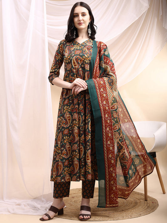 Paisley Printed Angarkha Style Anarkali Kurta With Pant & Dupatta, Bottle-Green - Hiral Fashion
