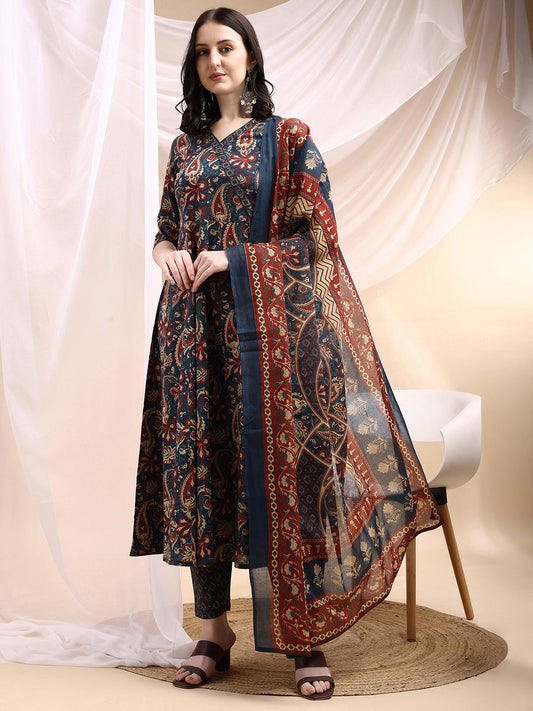 Paisley Printed Angarkha Style Anarkali Kurta With Pant & Dupatta, Navy Blue - Hiral Fashion