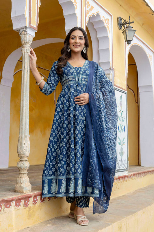 Ethnic Printed Anarkali Kurta With Matching Pant & A Flowy Dupatta, Blue - Hiral Fashion