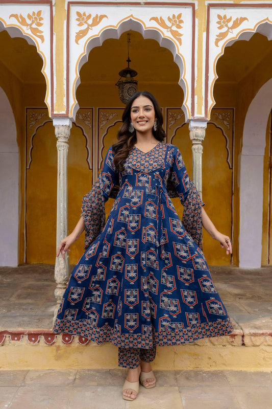 Ajrakh-Inspired Ethnic Handblock Printed Angarkha Style Kurta With Pant & Printed Dupatta, Blue - Hiral Fashion