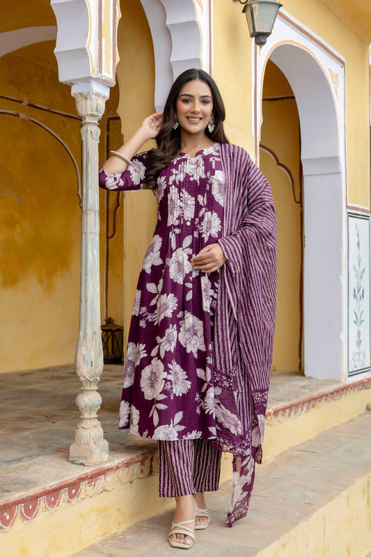 Floral Printed Kurta With Pant & Stripe Printed Dupatta, Purple - Hiral Fashion