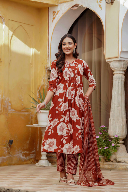 Floral Printed Kurta With Pant & Stripe Printed Dupatta, Rust - Hiral Fashion