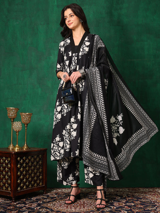 Embroidered & Printed Flared Kurta With Pant & Dupatta, Black - Hiral Fashion