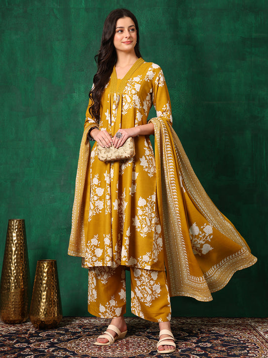Embroidered & Printed Flared Kurta With Pant & Dupatta, Mustard - Hiral Fashion