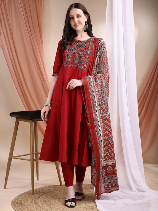 Embroidered & Ethnic Printed Anarkali Kurta With Pant & Printed Dupatta, Maroon - Hiral Fashion