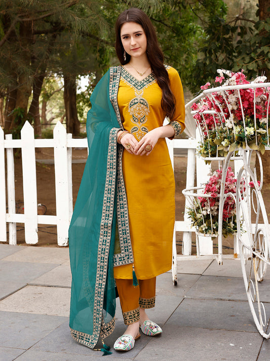 Embroidered Kurta With Pant & Border Premium Embroidered Dupatta, Multicolor - Hiral Fashion
