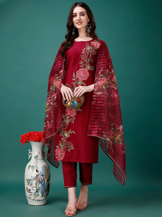 Hand Embroidered Kurta With Pant & Printed Premium Organza Dupatta Luxury, Multicolor - Hiral Fashion