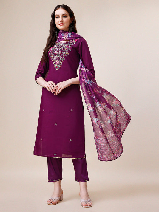 Purple Hand Embroidered Kurta With Pant & Printed Dupatta Set, Multicolor - Hiral Fashion