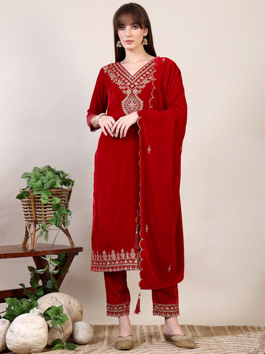 Embroidered Velvet Kurta With Pant & Dupatta, Pink - Hiral Fashion