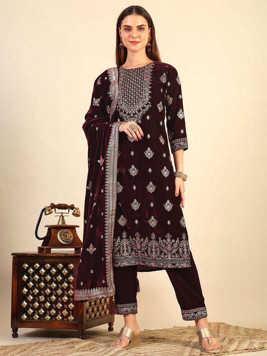 Hand & Foil Printed Velvet Kurta With Pant & Dupatta, Wine - Hiral Fashion