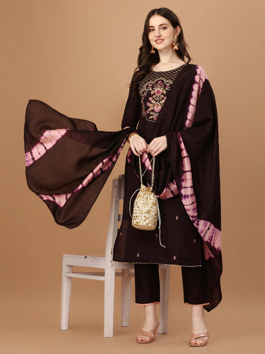 Hand Embroidered Chanderi Kurta With Pant & Dupatta Set, Multicolor - Hiral Fashion