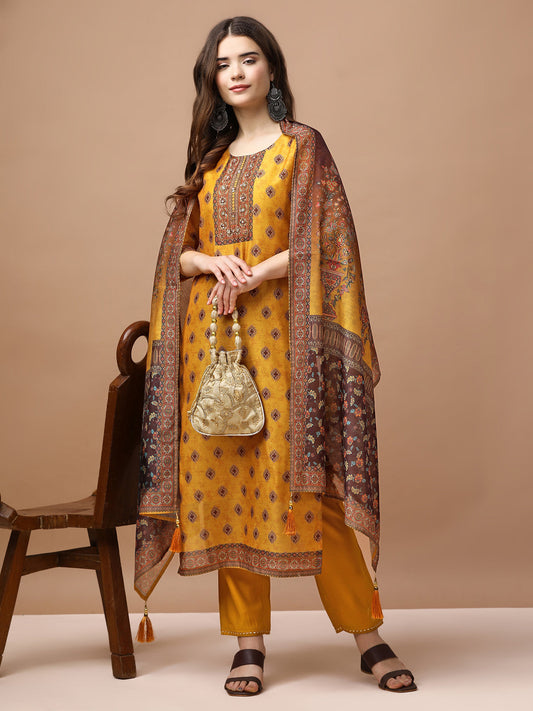 Embroidered & Ethnic Motifs Printed Kurta With Pant & Dupatta, Multicolor - Hiral Fashion