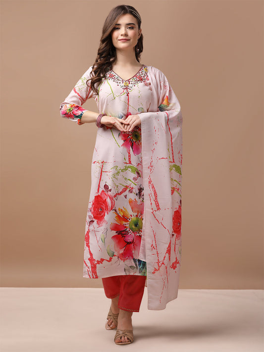 Hand Embroidered Floral Printed Muslin Kurta With Pant & Dupatta, Multicolor - Hiral Fashion