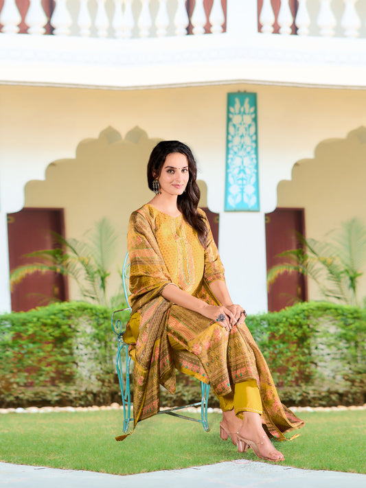 Hand Embroidered & Printed Pure Silk Kurta With Pant & Printed Dupatta, Yellow - Hiral Fashion