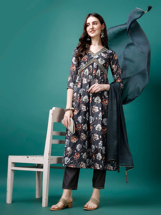Alia Cut Hand Embroidered Floral Printed Pure Chinon Kurta With Pant & Dupatta, Multicolor - Hiral Fashion
