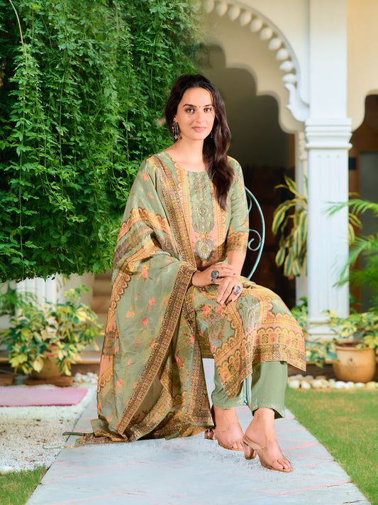 Hand Embroidered & Printed Pure Silk Kurta With Pant & Printed Dupatta, Green - Hiral Fashion