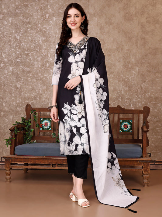 Embroidered & Floral Printed Kurta With Pant & Printed Dupatta Premium, Black - Hiral Fashion
