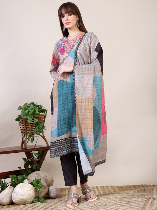 Embroidered & Printed Kurta With Pant & Dupatta, Multicolor - Hiral Fashion
