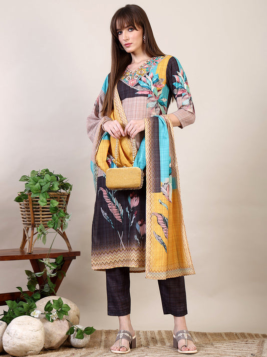 Embroidered & Printed Kurta With Pant & Dupatta, Multicolor - Hiral Fashion