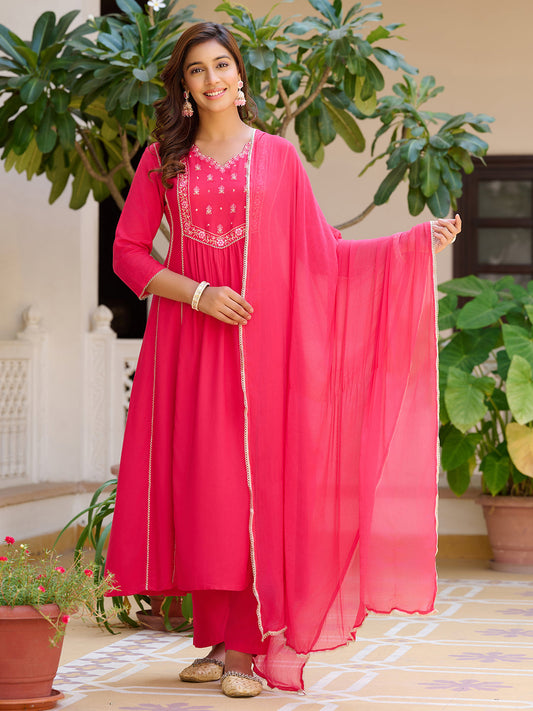 Embroidered Flared Kurta With Pant & Dupatta, Pink - Hiral Fashion