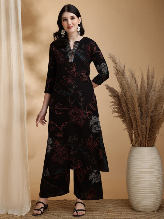 Floral Printed Kurta Pallazo Set, Black - Hiral Fashion