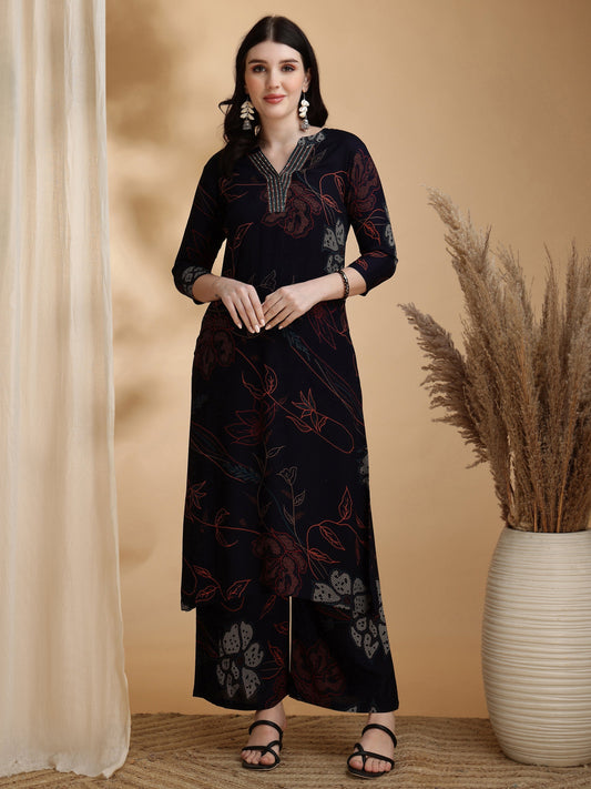 Floral Printed Kurta Pallazo Set, Navy Blue - Hiral Fashion