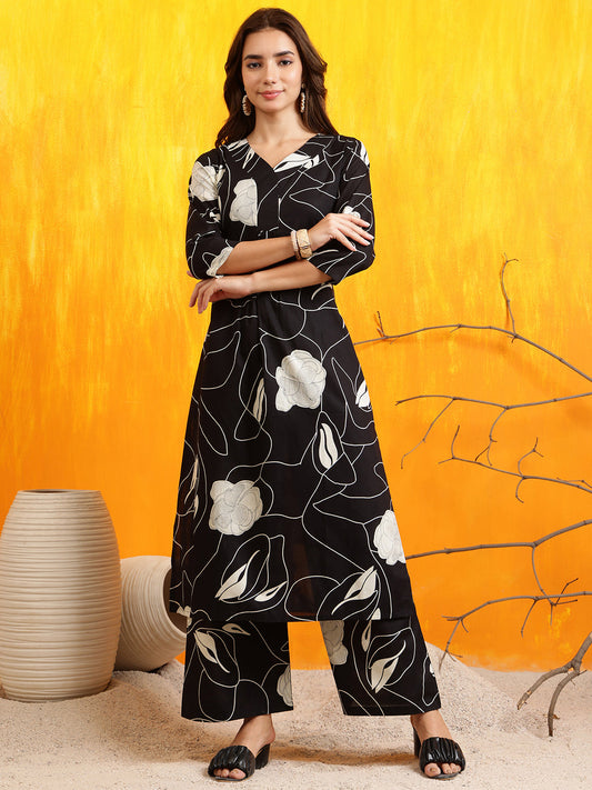 Printed Kurta With Palazzo Pants, Black - Hiral Fashion