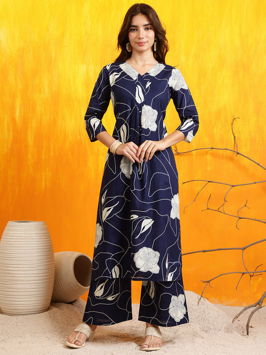Printed Kurta With Palazzo Pants, Navy Blue - Hiral Fashion