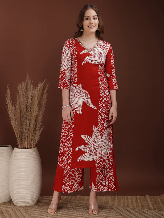 Hand Embroidered With Floral & Leaf Printed Kurta And Palazzo, Rust - Hiral Fashion